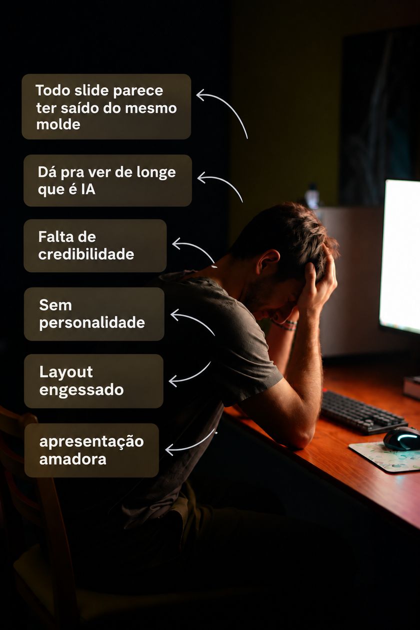 Homem com as mãos na cabeça diante do computador: todo slide parece ter saído do mesmo molde, dá pra ver de longe que é IA, falta de credibilidade, sem personalidade, layout engessado, apresentação amadora